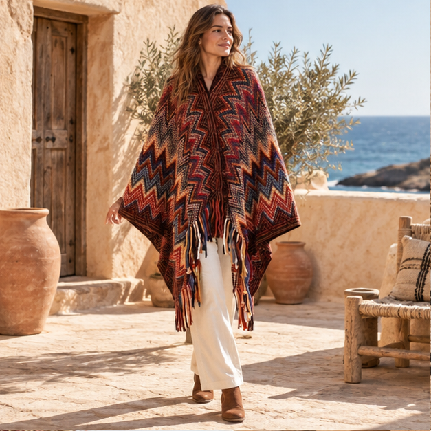 Poncho Femme Style Péruvien – Bordeaux / Adulte, en situation sur la côte Atlantique