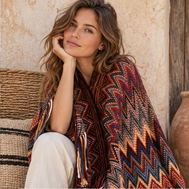 Poncho Femme Style Péruvien – Bordeaux / Adulte, dans un intérieur côtier lumineux