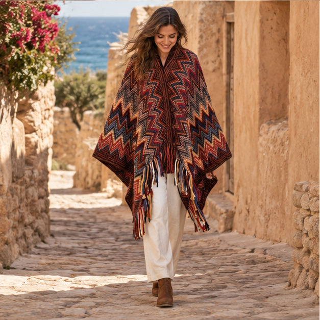 Poncho Femme Style Péruvien – Bordeaux / Adulte, porté en mouvement au bord de l’océan