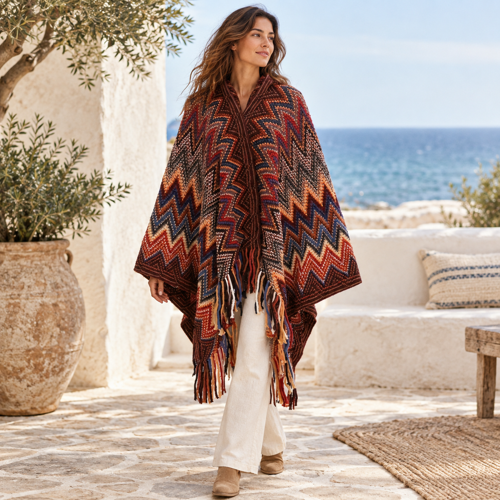 Poncho Femme Style Péruvien – Bordeaux / Adulte, visuel principal lifestyle