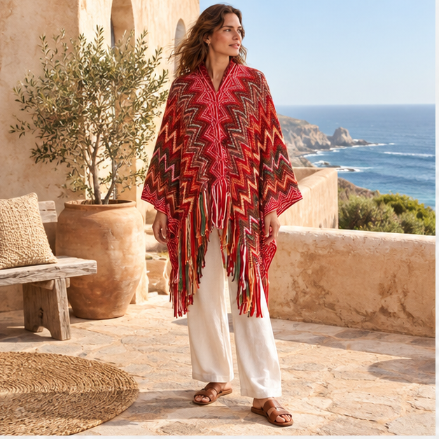 Poncho Femme Style Péruvien – Rouge / Adulte, en situation sur la côte Atlantique