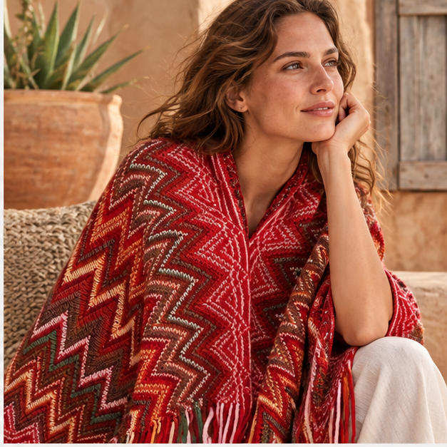 Poncho Femme Style Péruvien – Rouge / Adulte, dans un intérieur côtier lumineux