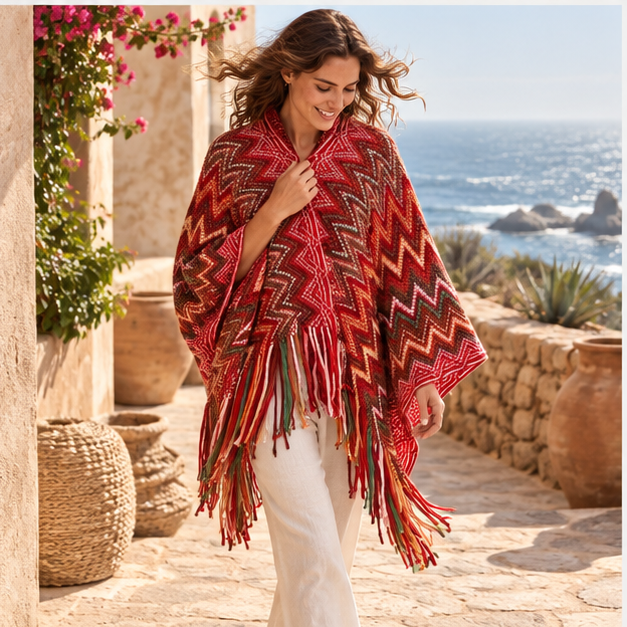 Poncho Femme Style Péruvien – Rouge / Adulte, porté en mouvement au bord de l’océan