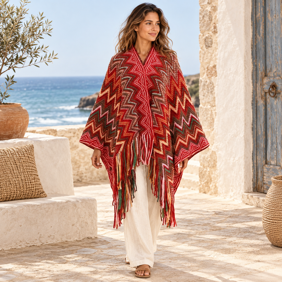 Poncho Femme Style Péruvien – Rouge / Adulte, visuel principal lifestyle