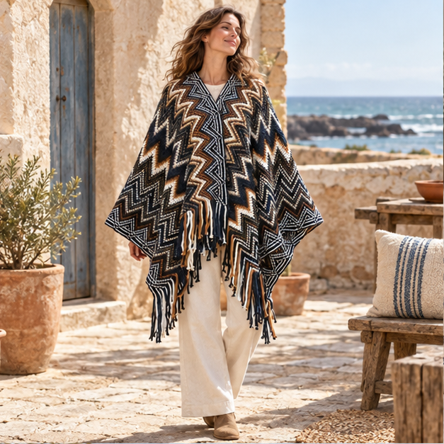 Poncho Femme Style Péruvien – Jaune / Adulte, en situation sur la côte Atlantique