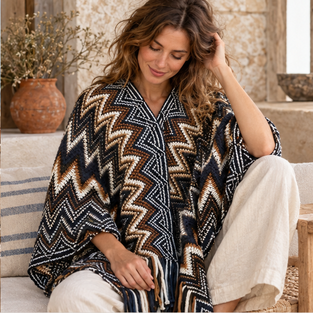 Poncho Femme Style Péruvien – Jaune / Adulte, dans un intérieur côtier lumineux