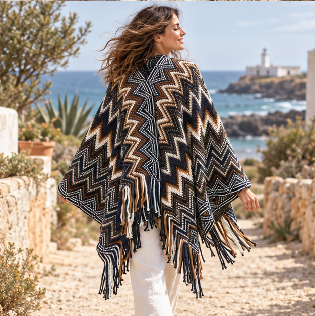 Poncho Femme Style Péruvien – Jaune / Adulte, porté en mouvement au bord de l’océan