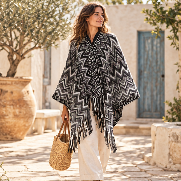Poncho Femme Style Péruvien – Noir / Adulte, en situation sur la côte Atlantique