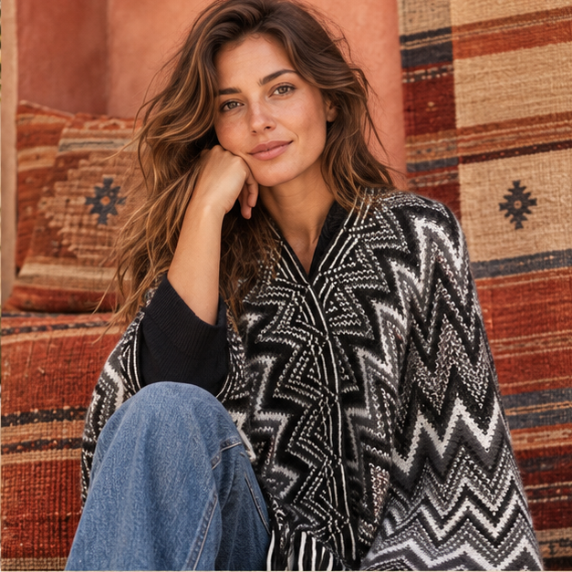 Poncho Femme Style Péruvien – Noir / Adulte, dans un intérieur côtier lumineux
