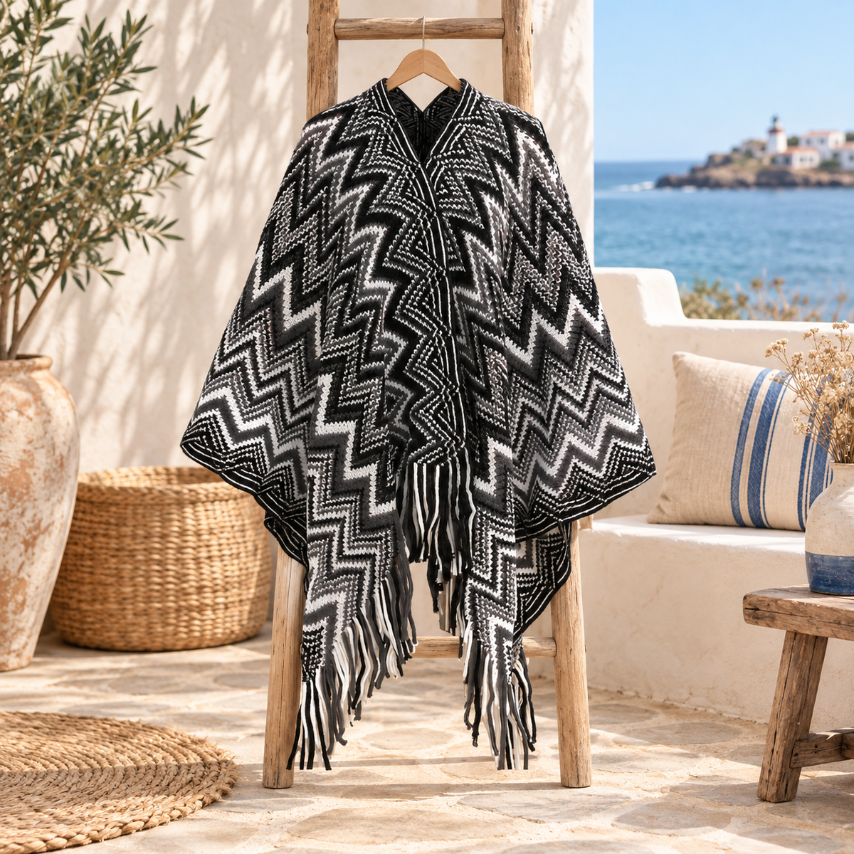 Poncho Femme Style Péruvien – Noir / Adulte, visuel principal lifestyle