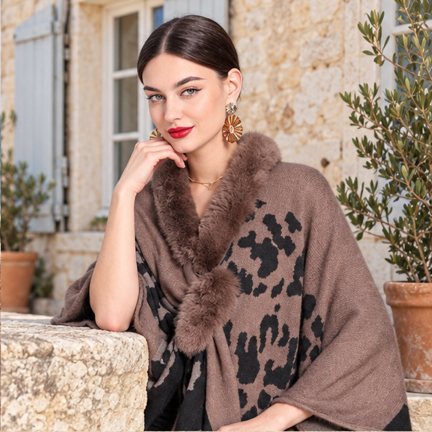 Poncho Femme Tacheté – Marron / Adulte, dans un intérieur côtier lumineux
