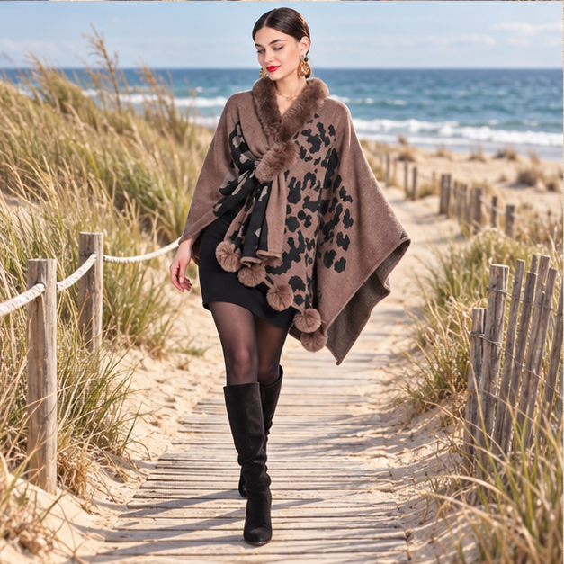 Poncho Femme Tacheté – Marron / Adulte, porté en mouvement au bord de l’océan