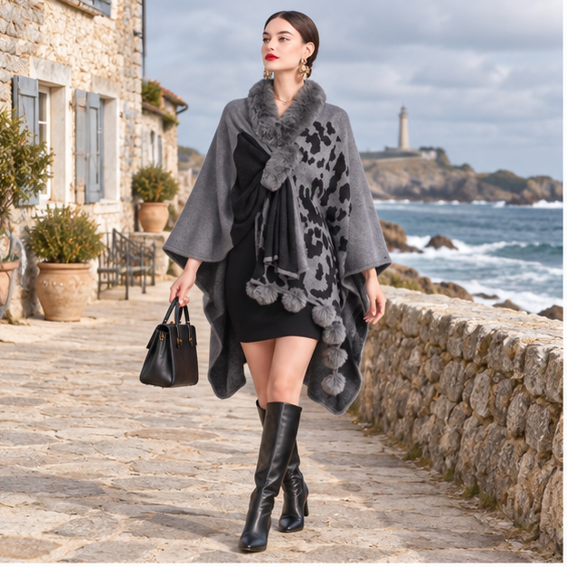 Poncho Femme Tacheté – Gris / Adulte, en situation sur la côte Atlantique