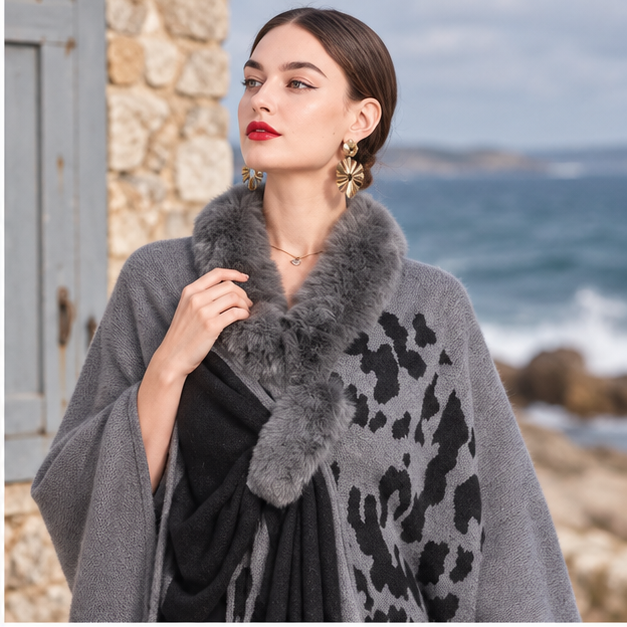 Poncho Femme Tacheté – Gris / Adulte, dans un intérieur côtier lumineux