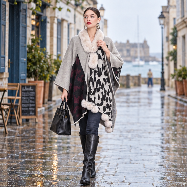 Poncho Femme Tacheté – Beige / Adulte, en situation sur la côte Atlantique
