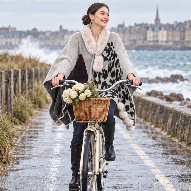 Poncho Femme Tacheté – Beige / Adulte, porté en mouvement au bord de l’océan