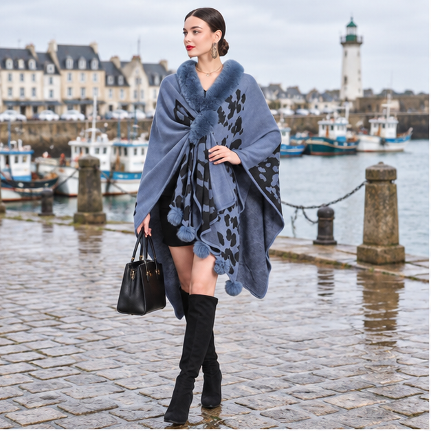 Poncho Femme Tacheté – Bleu / Adulte, en situation sur la côte Atlantique