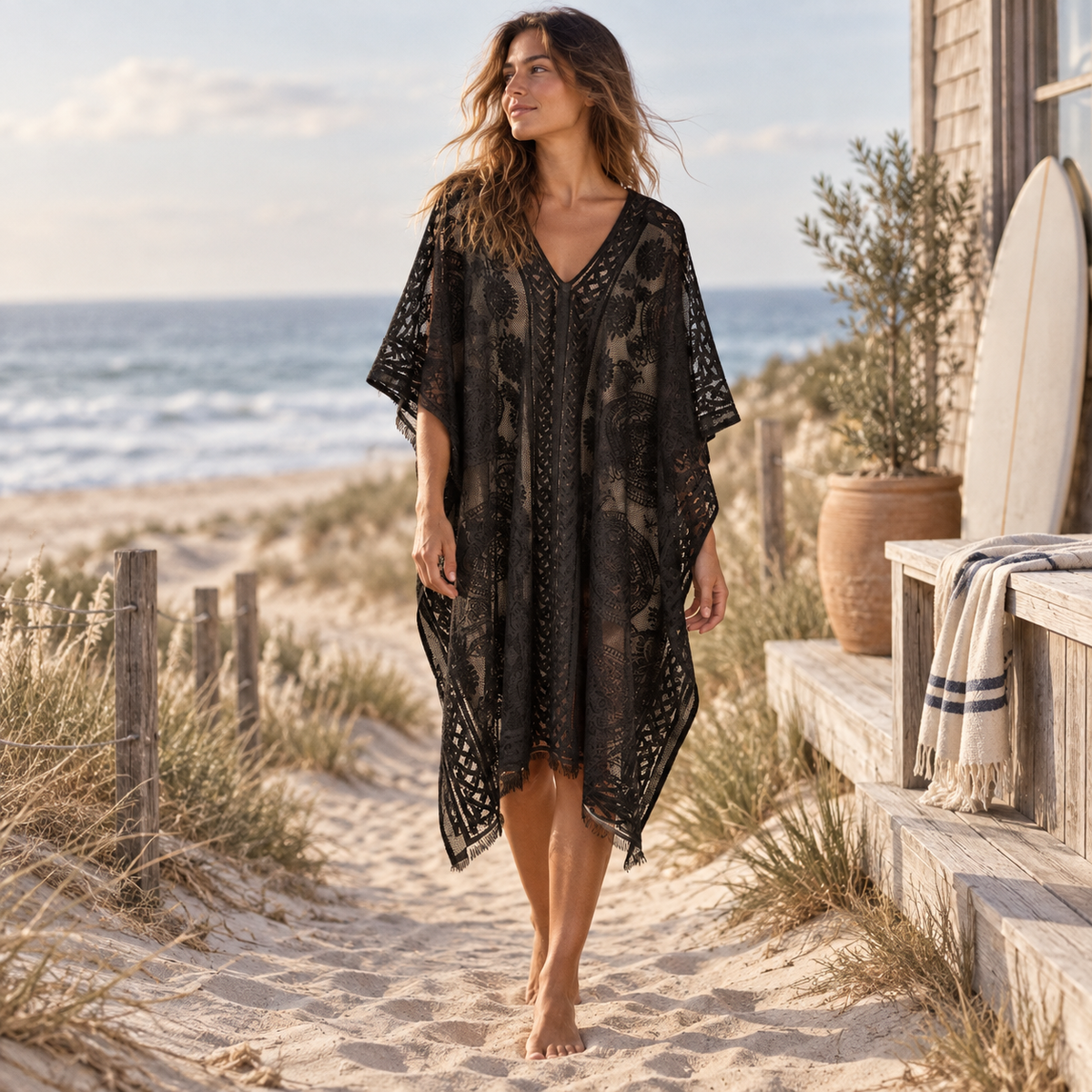 Poncho Fin Femme, visuel principal lifestyle