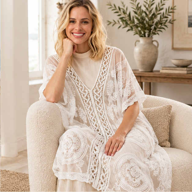 Poncho Fin Femme – Blanc / Unique, dans un intérieur côtier lumineux