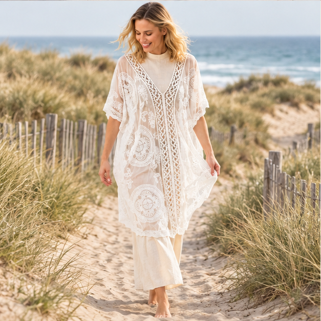 Poncho Fin Femme – Blanc / Unique, porté en mouvement au bord de l’océan