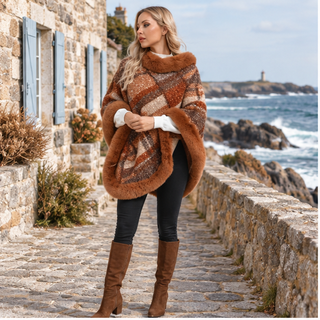 Poncho Fourrure à Carreaux – Marron / Adulte, en situation sur la côte Atlantique