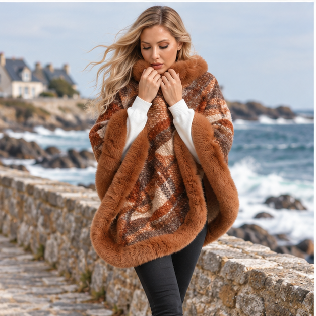Poncho Fourrure à Carreaux – Marron / Adulte, porté en mouvement au bord de l’océan