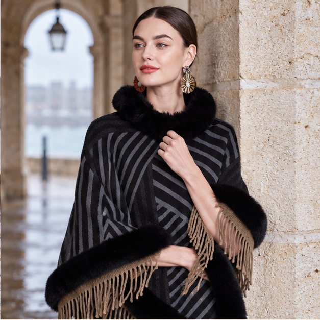 Poncho Fourrure à Rayures – Noir / Adulte, dans un intérieur côtier lumineux