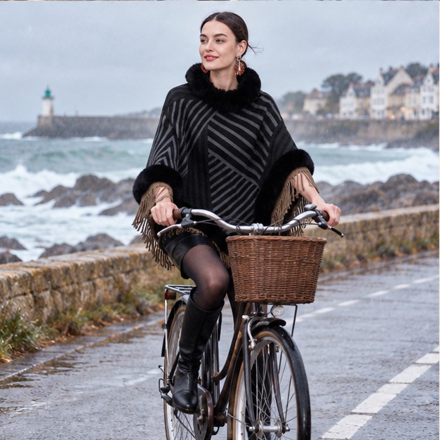 Poncho Fourrure à Rayures – Noir / Adulte, porté en mouvement au bord de l’océan