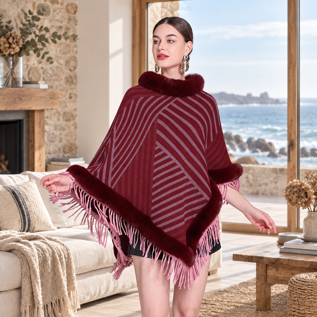 Poncho Fourrure à Rayures – Bordeaux / Adulte, visuel principal lifestyle