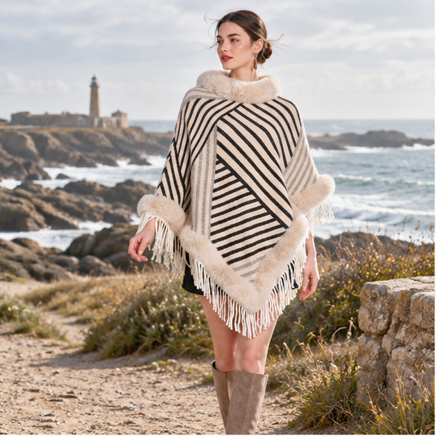 Poncho Fourrure à Rayures – Beige / Adulte, en situation sur la côte Atlantique