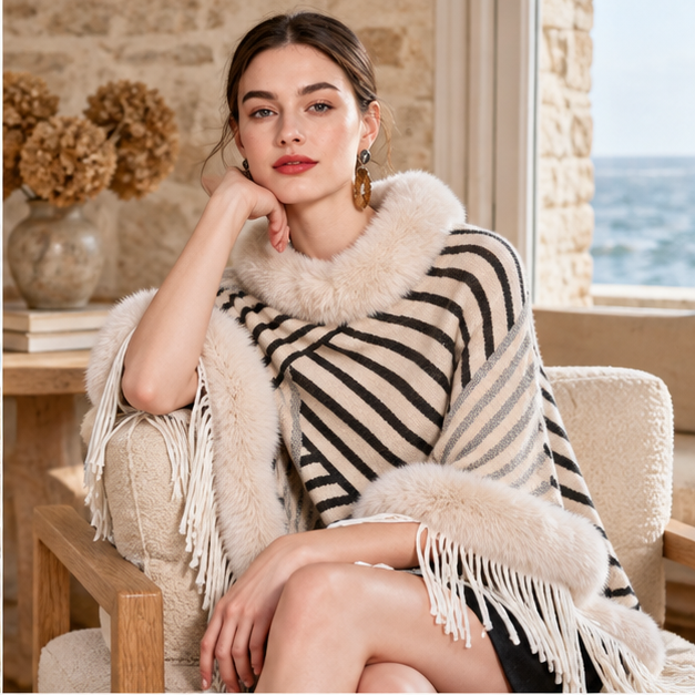 Poncho Fourrure à Rayures – Beige / Adulte, dans un intérieur côtier lumineux