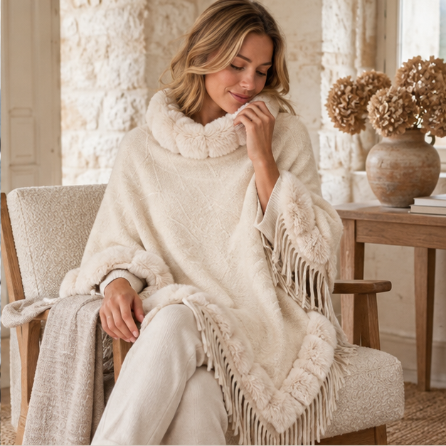 Poncho Fourrure Avec Franges – Beige / Adulte, dans un intérieur côtier lumineux