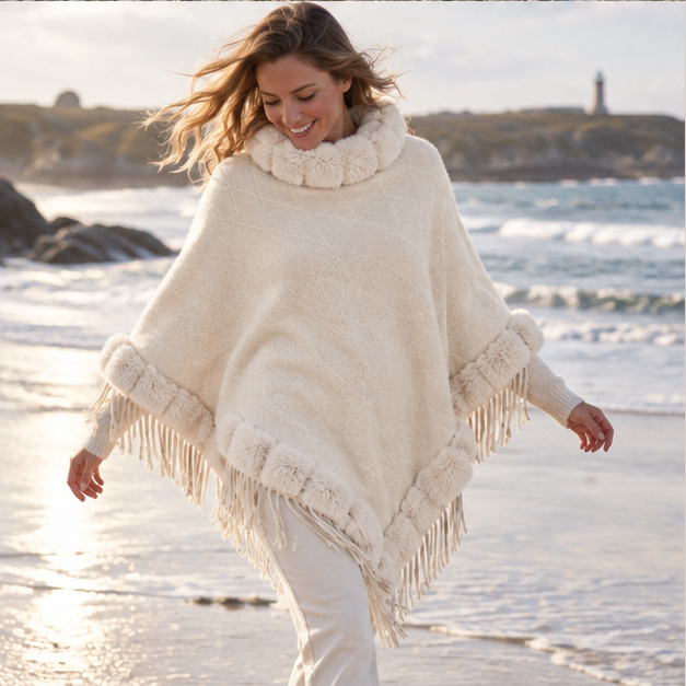 Poncho Fourrure Avec Franges – Beige / Adulte, porté en mouvement au bord de l’océan