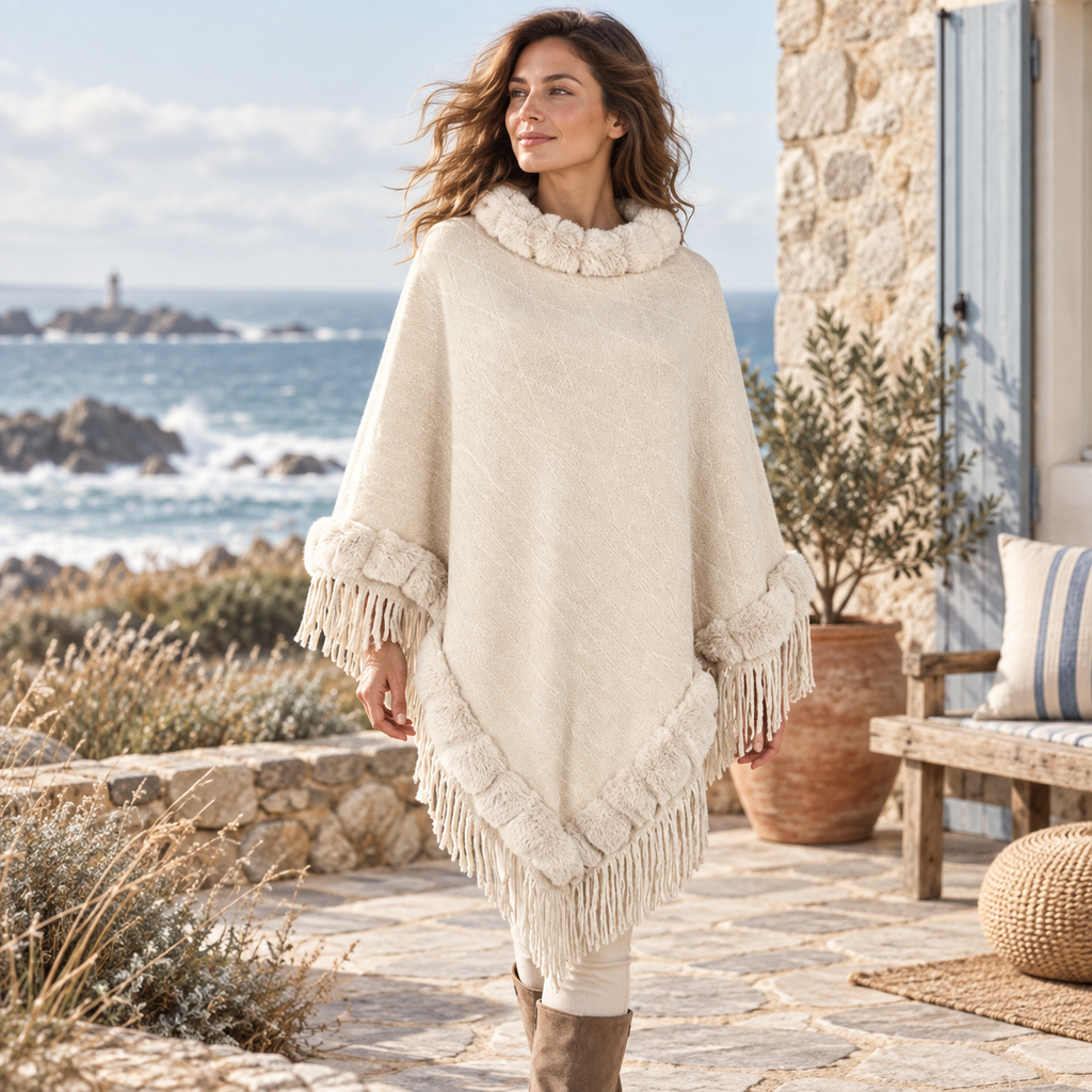 Poncho Fourrure Avec Franges – Beige / Adulte, visuel principal lifestyle