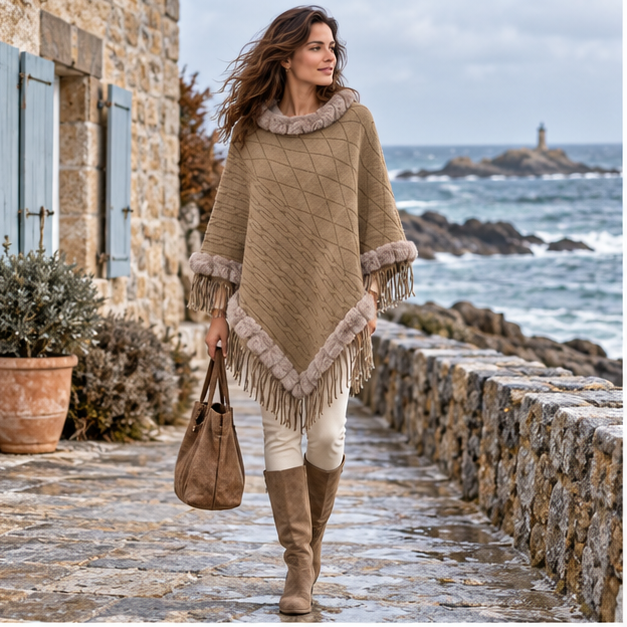 Poncho Fourrure Avec Franges – Marron / Adulte, en situation sur la côte Atlantique
