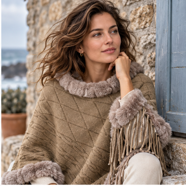 Poncho Fourrure Avec Franges – Marron / Adulte, dans un intérieur côtier lumineux