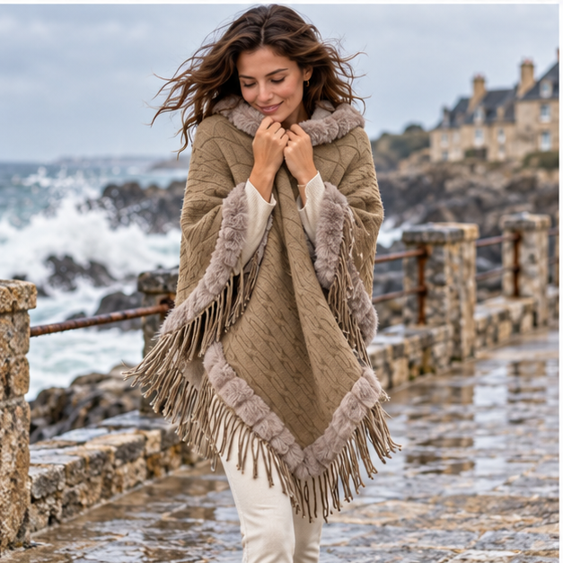 Poncho Fourrure Avec Franges – Marron / Adulte, porté en mouvement au bord de l’océan