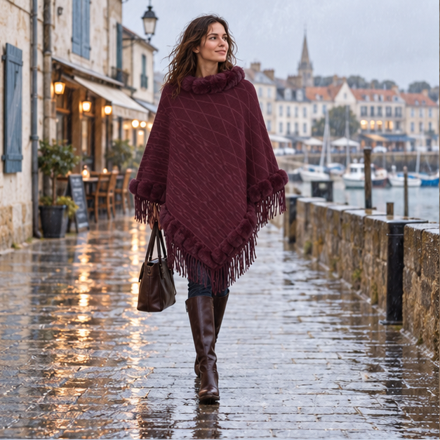 Poncho Fourrure Avec Franges – Bordeaux / Adulte, en situation sur la côte Atlantique