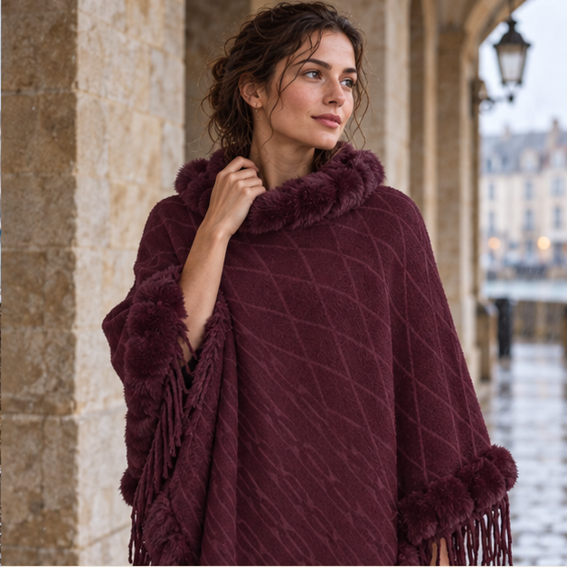 Poncho Fourrure Avec Franges – Bordeaux / Adulte, dans un intérieur côtier lumineux