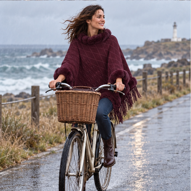 Poncho Fourrure Avec Franges – Bordeaux / Adulte, porté en mouvement au bord de l’océan