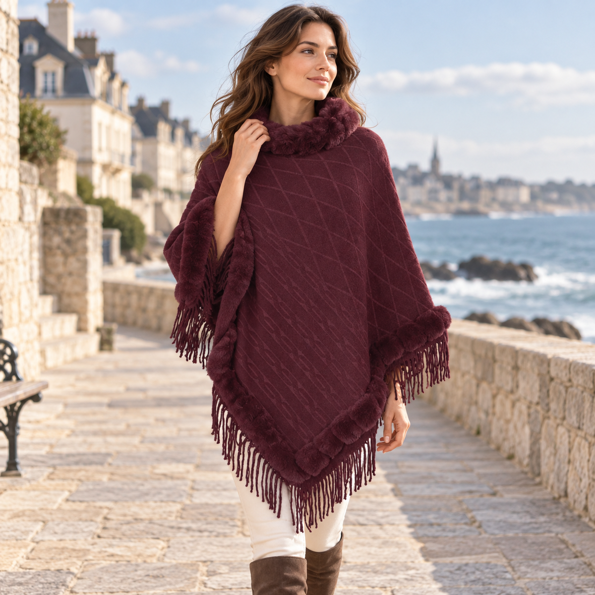 Poncho Fourrure Avec Franges – Bordeaux / Adulte, visuel principal lifestyle