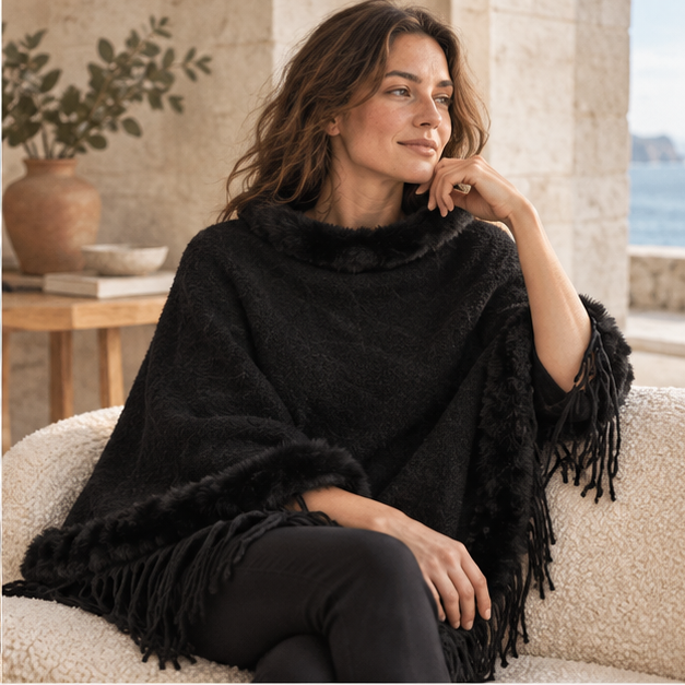Poncho Fourrure Avec Franges – Noir / Adulte, dans un intérieur côtier lumineux