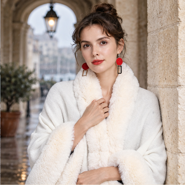 Poncho Fourrure Blanche – Blanc / Unique, dans un intérieur côtier lumineux