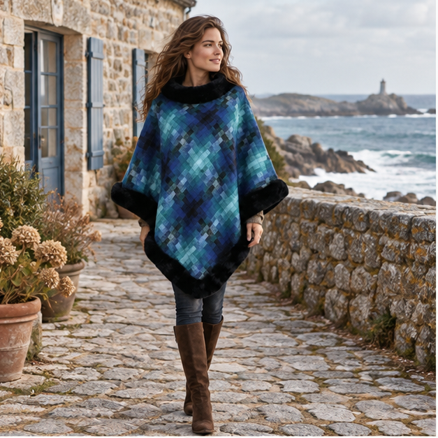 Poncho Fourrure Bleu – Bleu / Adulte, en situation sur la côte Atlantique