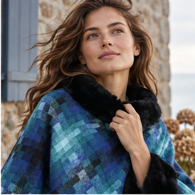 Poncho Fourrure Bleu – Bleu / Adulte, dans un intérieur côtier lumineux