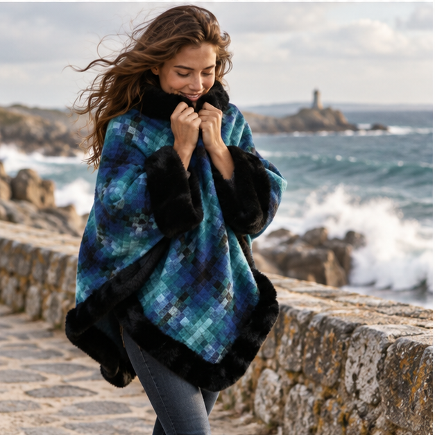 Poncho Fourrure Bleu – Bleu / Adulte, porté en mouvement au bord de l’océan