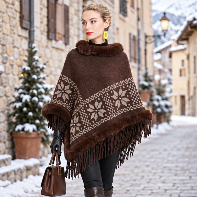 Poncho Fourrure Flocons – Marron / Adulte, en situation sur la côte Atlantique