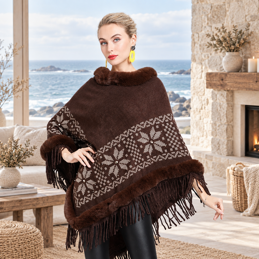Poncho Fourrure Flocons – Marron / Adulte, visuel principal lifestyle