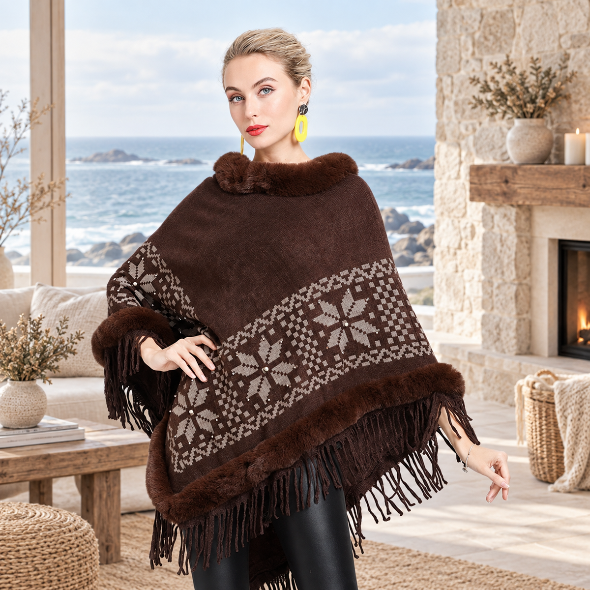 Poncho Fourrure Flocons – Marron / Adulte, visuel principal lifestyle