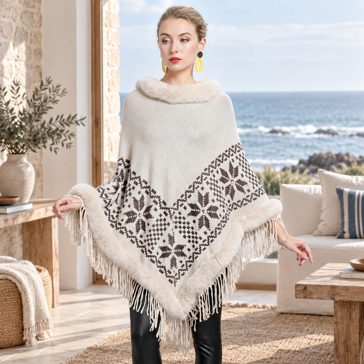 Poncho Fourrure Flocons – Beige / Adulte, visuel principal lifestyle
